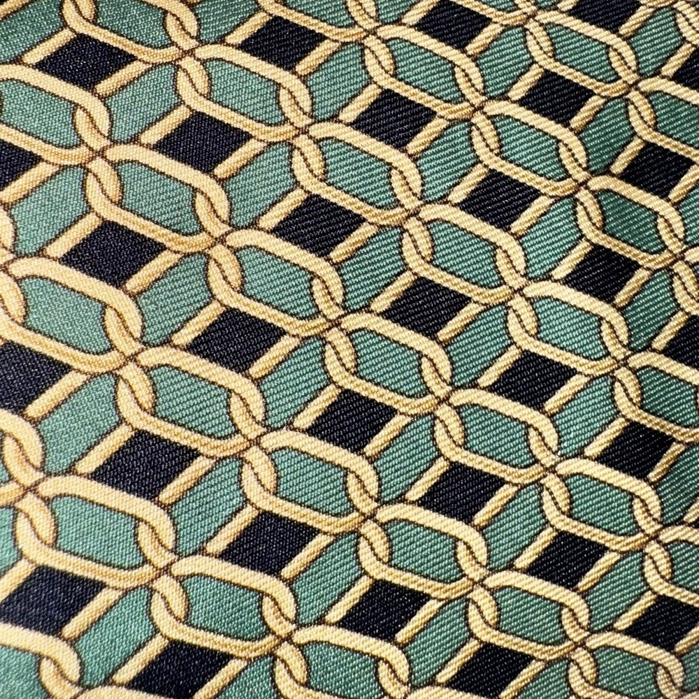 Brooks Brothers Silk Tie Mens OS Teal Gold Chain Link Geometric Classic‎ Preppy